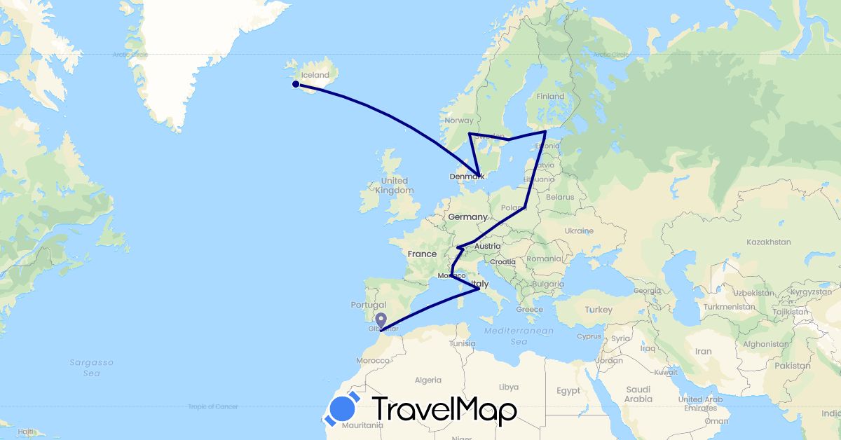 TravelMap itinerary: driving in Switzerland, Germany, Denmark, Estonia, Finland, France, Iceland, Italy, Liechtenstein, Morocco, Monaco, Norway, Poland, Sweden (Africa, Europe)